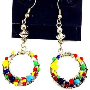 Handmade Colorful Beaded Silver tone Wire Drop Earrings Boho Festival Jewelry